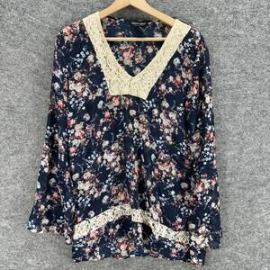 About A Girl Blouse Women L Large Blue Floral V-Neck Long Sleeve Pullover Casual